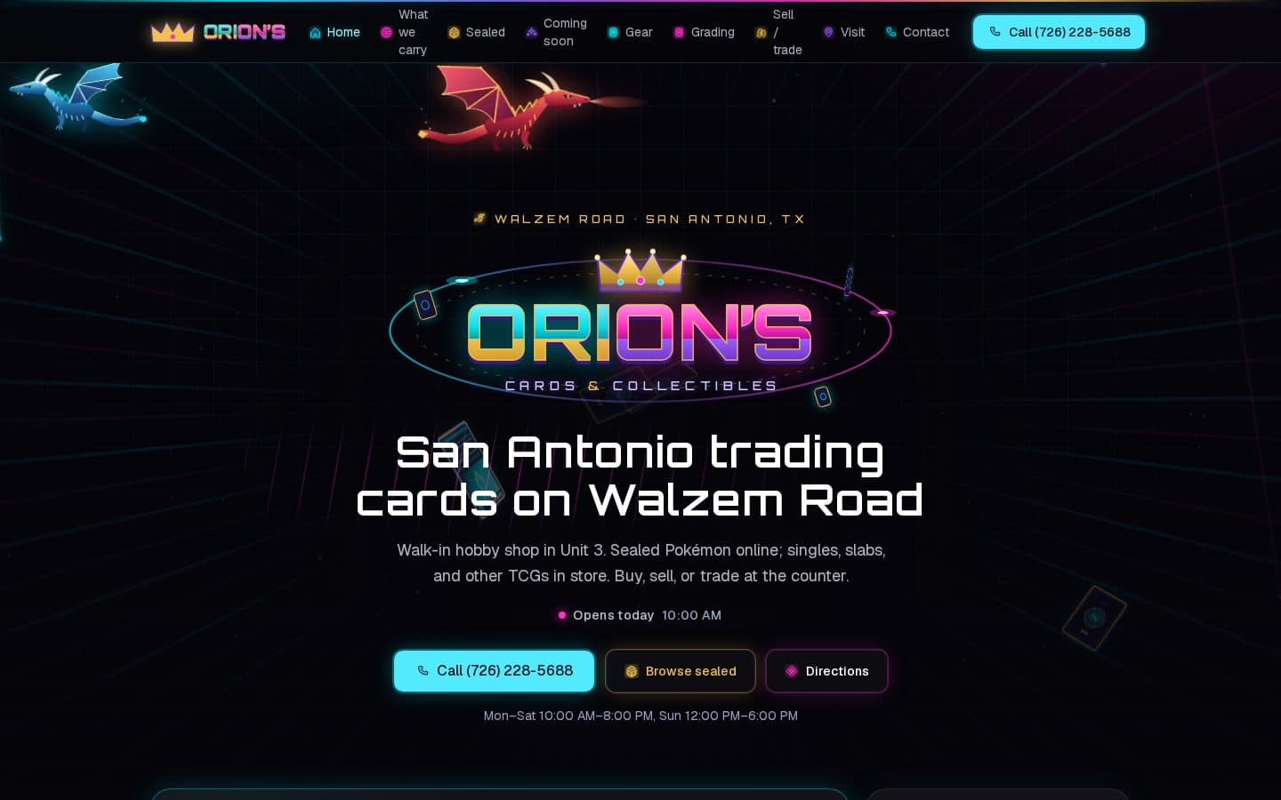 Orion's Cards & Collectibles website homepage