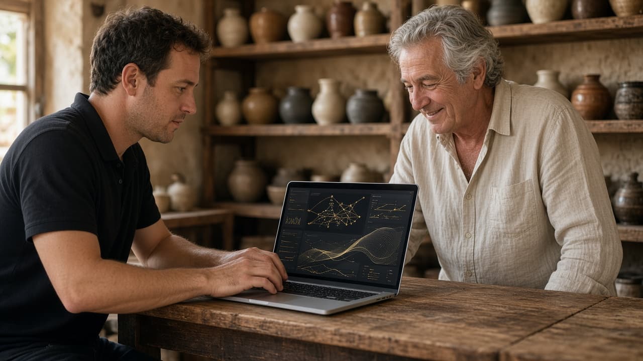 Colleagues gathered around a laptop during a working session