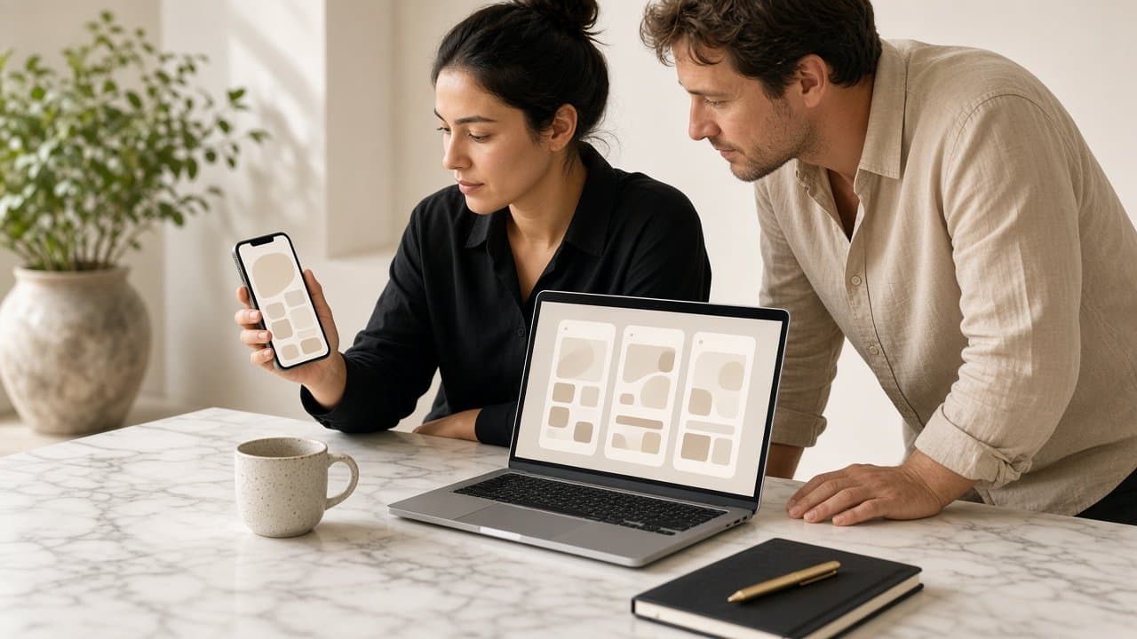 Designers reviewing a mobile app interface on a laptop