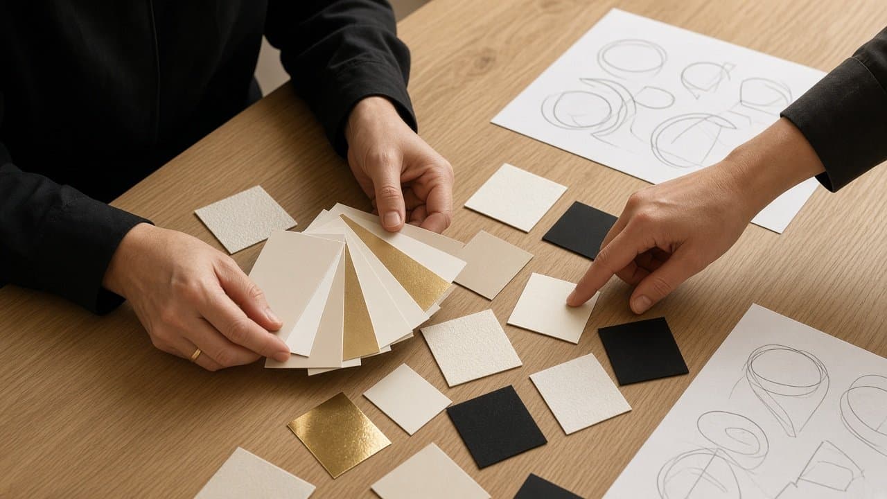 Designers comparing brand colors and materials at a table